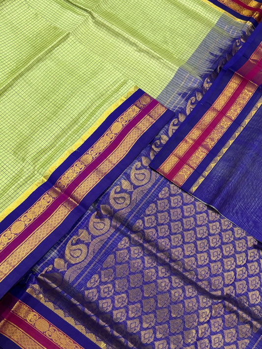 Kanchi Silk Cotton Sarees | classic Korvai border silk cotton |  podi kattam | pistachio X royal blue