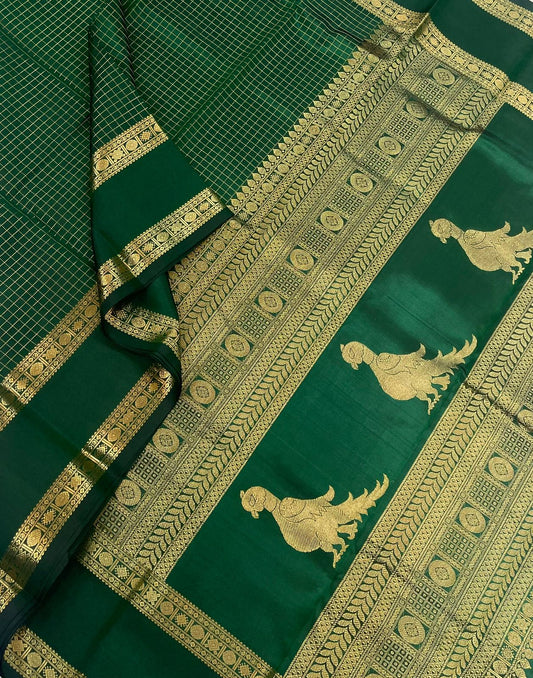 Pure Kanjivarams | Bottle green X Kalakshetra killi| Handwoven luxury x 4 ply