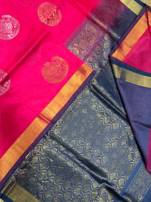 Kanchi Silk Cotton Sarees | silk cotton | orangish pink X grey