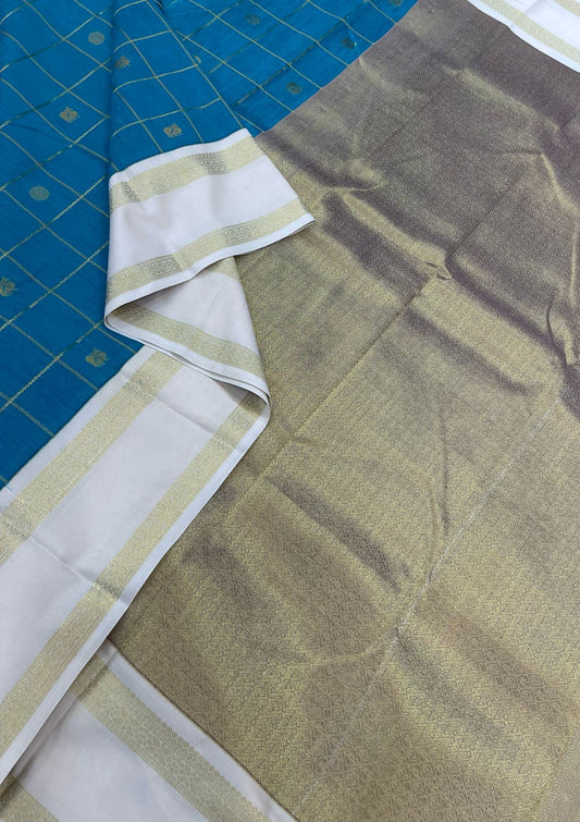 Semi Silk soft Cotton Sarees | korvai Rettaipet border X mayil chakram kattam | blue x cream | NKV11