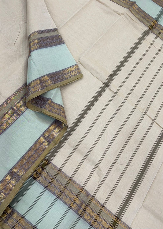 Kanchi soft cotton | cream x pastell teal  | rettaipet zari border