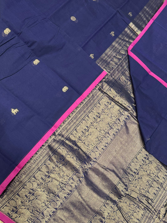 Pure Handloom Kanchi rich Cotton Saree | body tiny Zari 6 type of motif X borderless |blue X pink