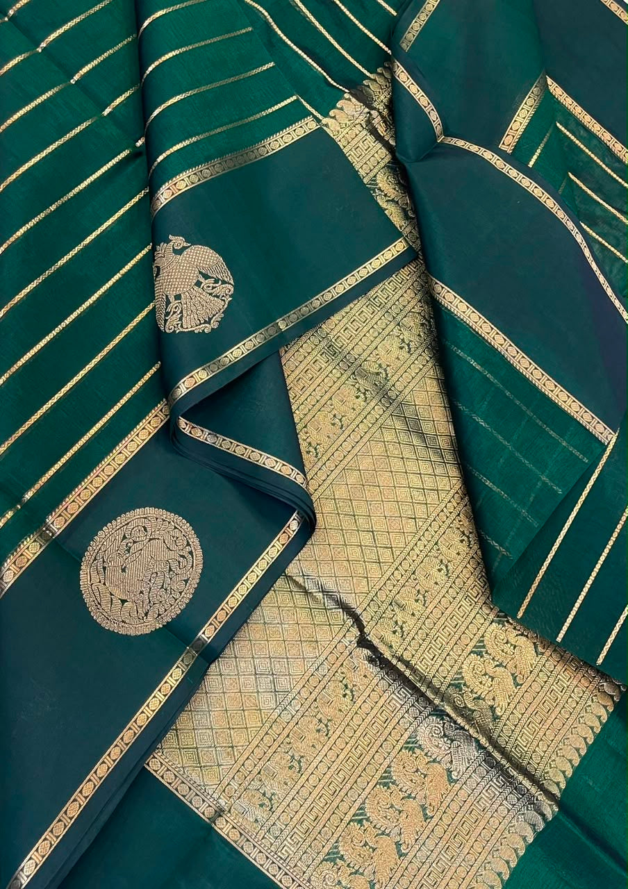 Kanchi Silk Cotton Sarees | luxury silk cotton | veldhari X eruthalapakshi zari motif | bottle green