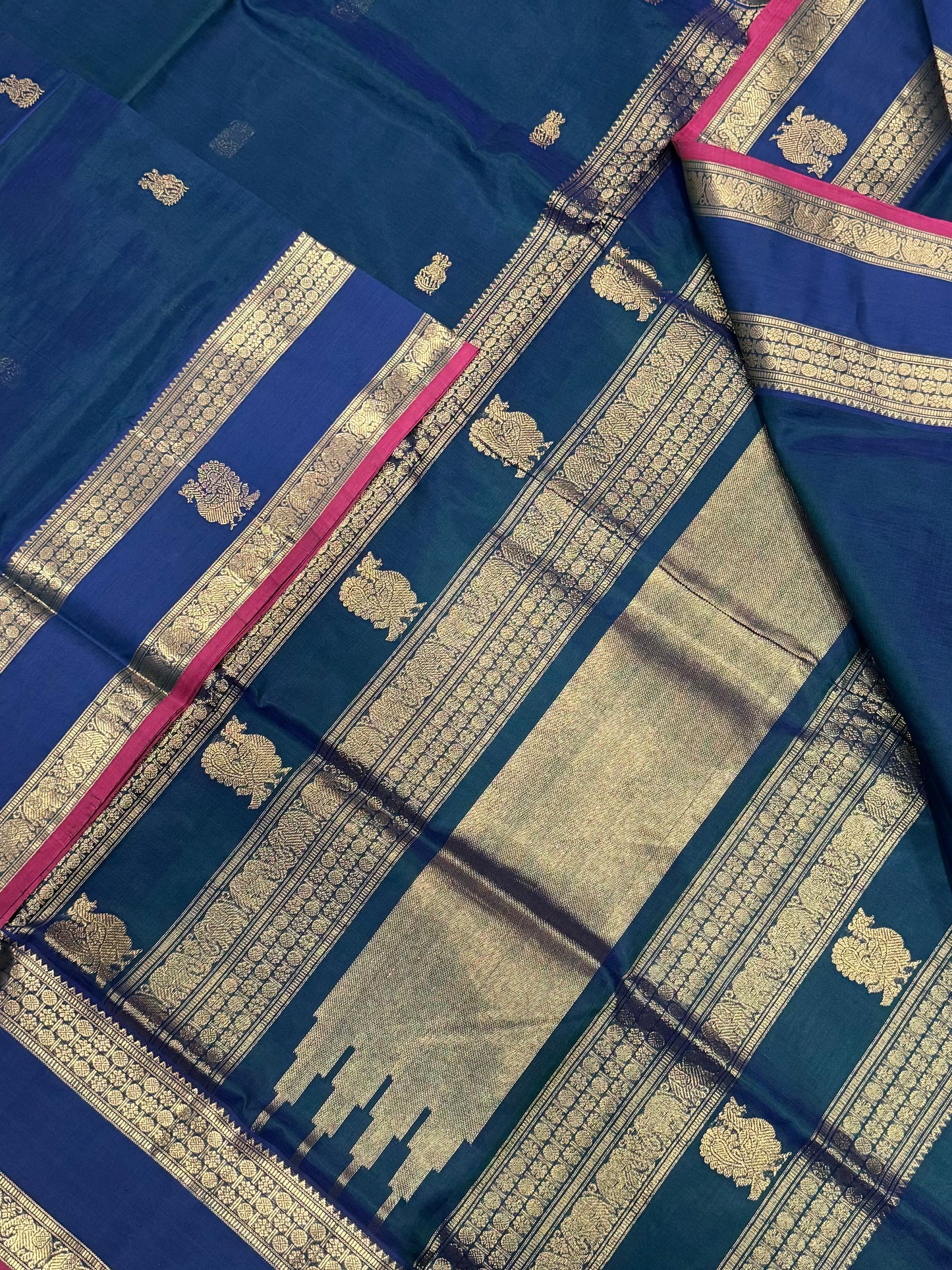 Kanchi Silk Cotton Sarees | mayil BUTTA x rettaipet border | peacock blue X red