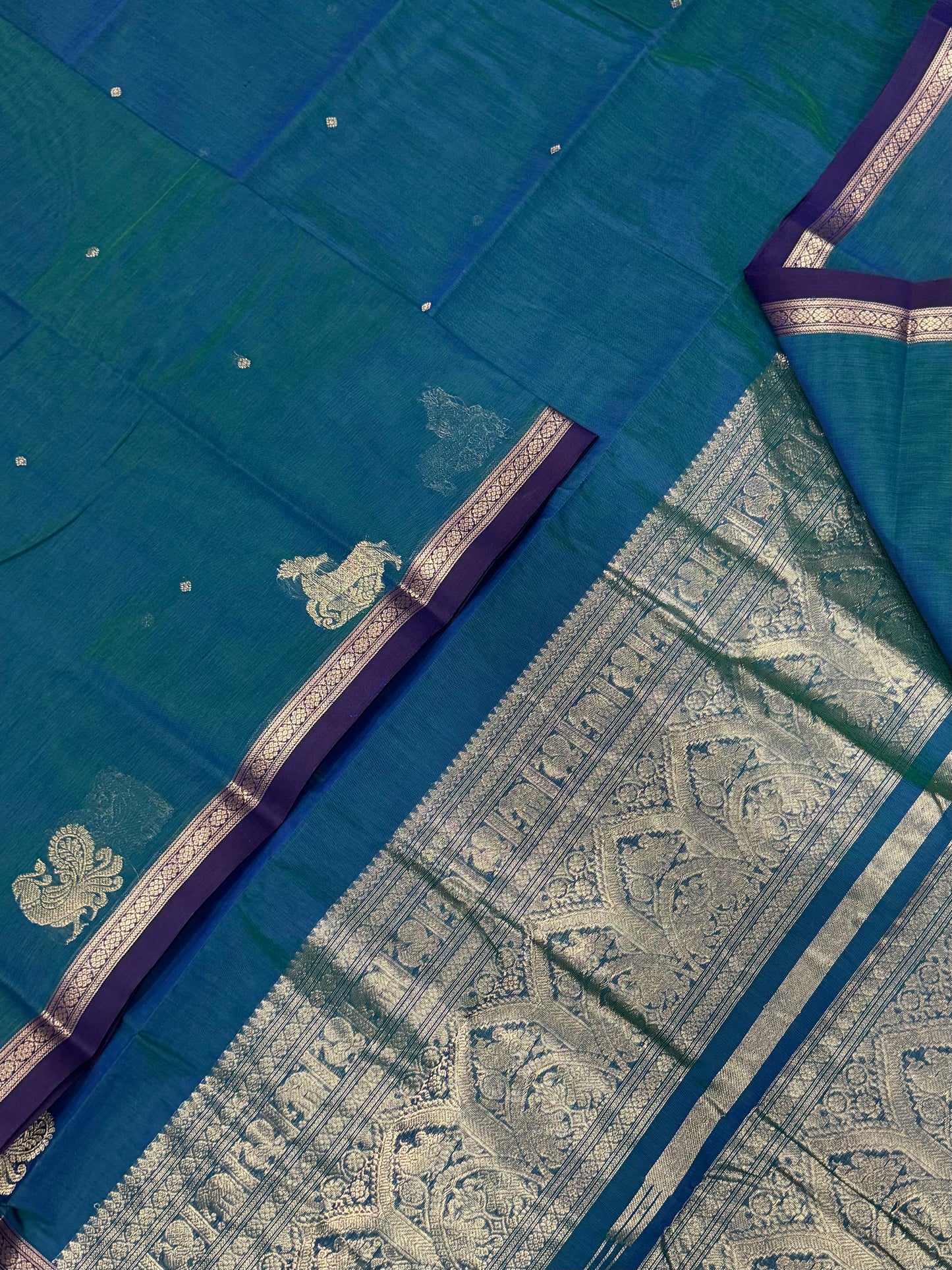 Pure Handloom Kanchi rich Cotton Saree | peacock blue X violet | tiny border
