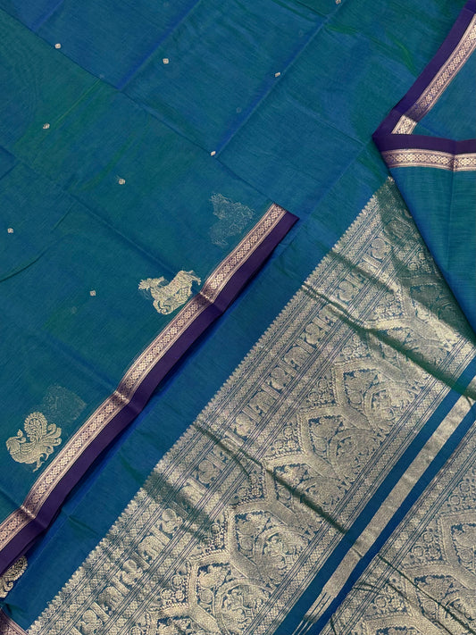 Pure Handloom Kanchi rich Cotton Saree | peacock blue X violet | tiny border