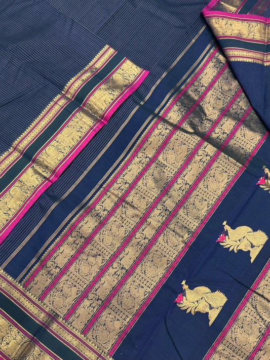 Pure Handloom Kanchi rich Cotton Saree | zari oosi vanam X rich border | blue X pink