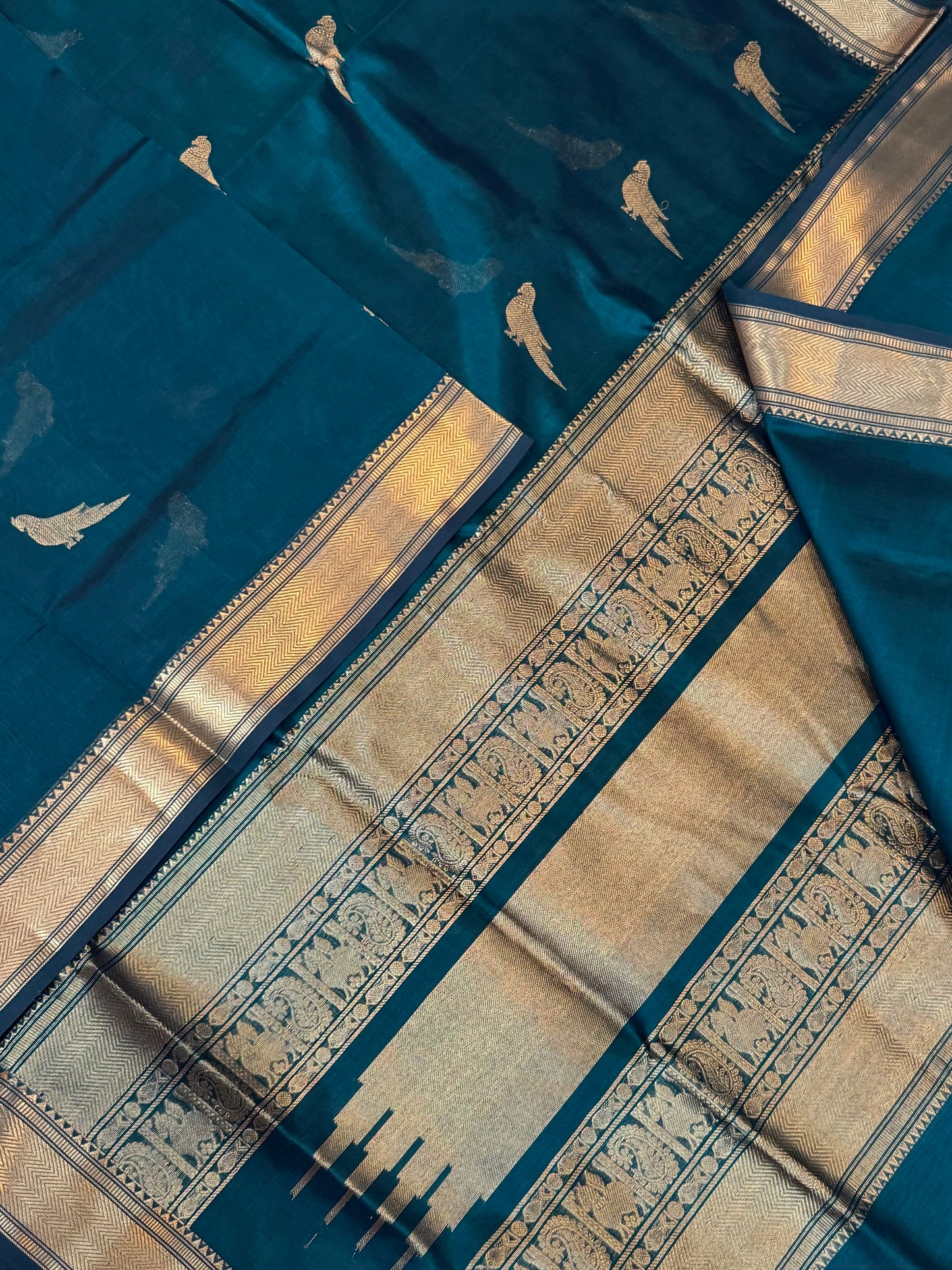 Kanchi Silk Cotton Sarees | killi motifs | cyan blue X gold