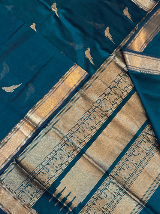 Kanchi Silk Cotton Sarees | killi motifs | cyan blue X gold