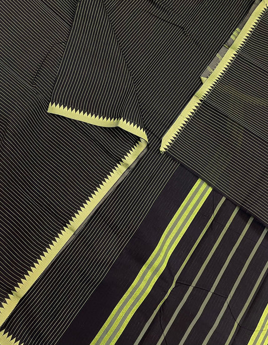 Kanchi soft cotton |tiny temple  x  tiny thread border | kattam lines x black x green