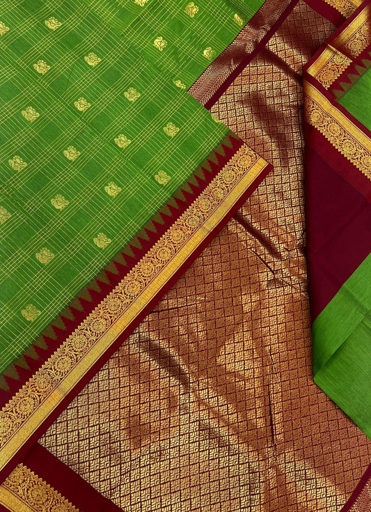 Semi Silk soft Cotton Sarees | kattam x tiny zari border | Meenakshi green X aaraku X gold | NKV11