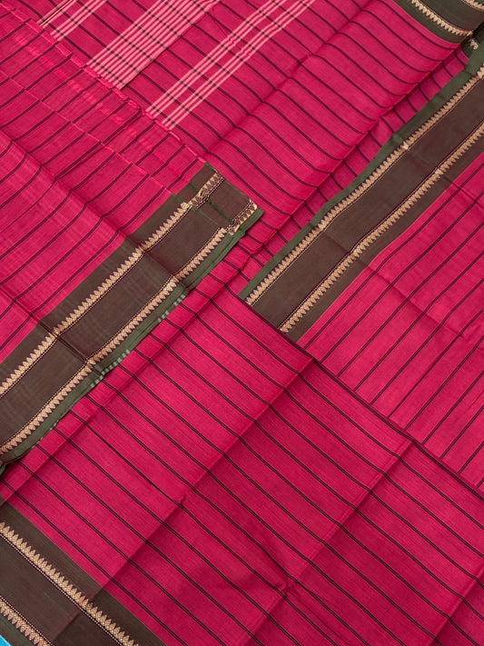 Kanchi soft cotton | veldhari x rettaipet border |  cherry pink x green