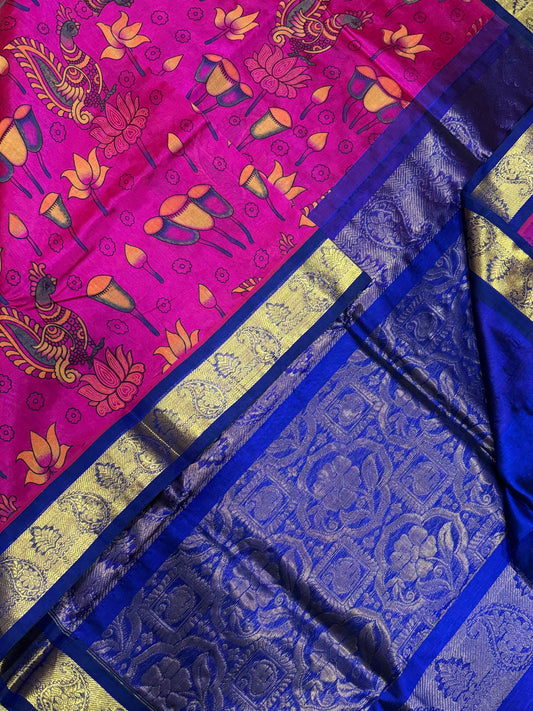 Kanchi korvai Silk Cotton Sarees | Kalamkari block print X pink X blue |korvai Zari border