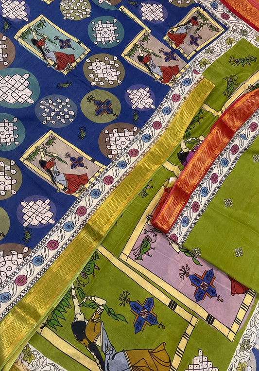 Ponduru soft Chanderi silk | storytelling saree x kolam x nizam border| dadk blue x earth green | NKV27