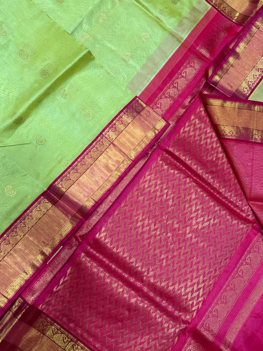 Kanchi korvai Silk Cotton Sarees | silk cotton | lime yellow X orange