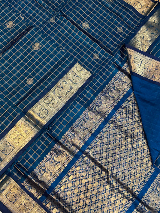 Kanchi Silk Cotton Sarees | luxury silk cotton | kattam X Mayil chakram | cyan blue NKV37