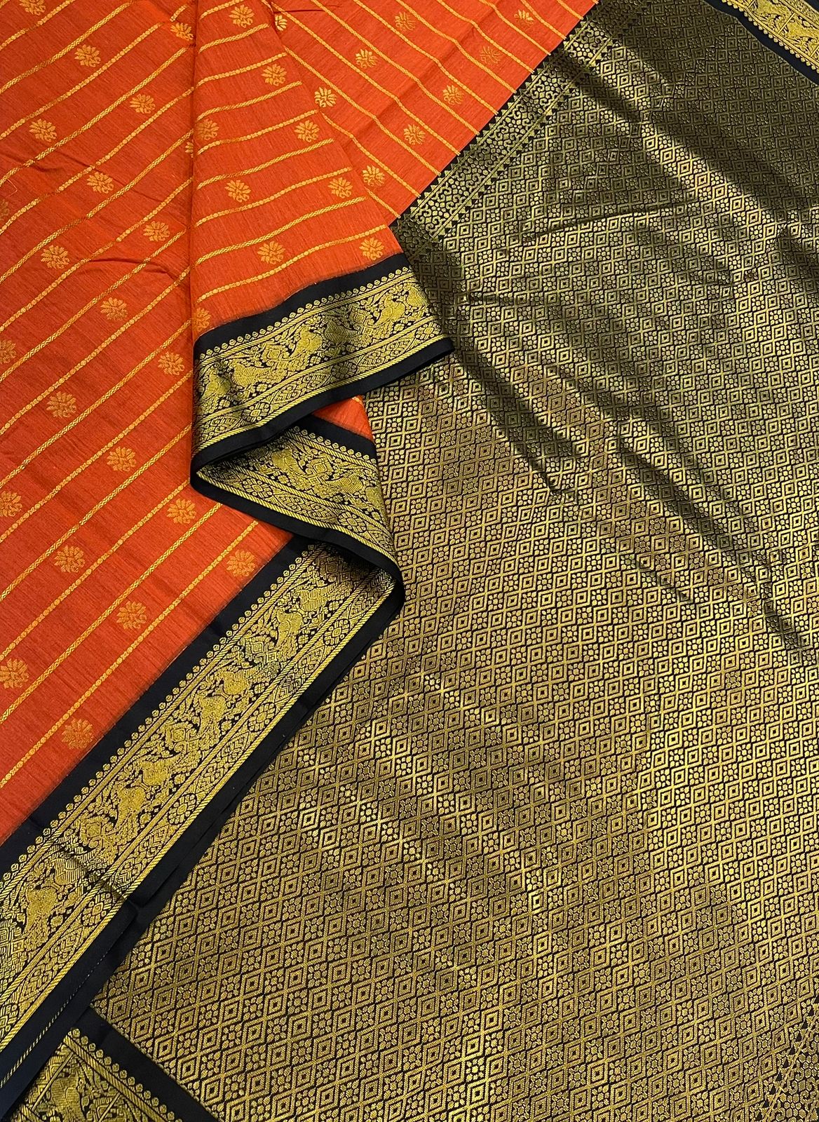 Semi Silk soft Cotton Sarees | veldhari x kamalam BUTTA X Zari border | orange X black | NKV11