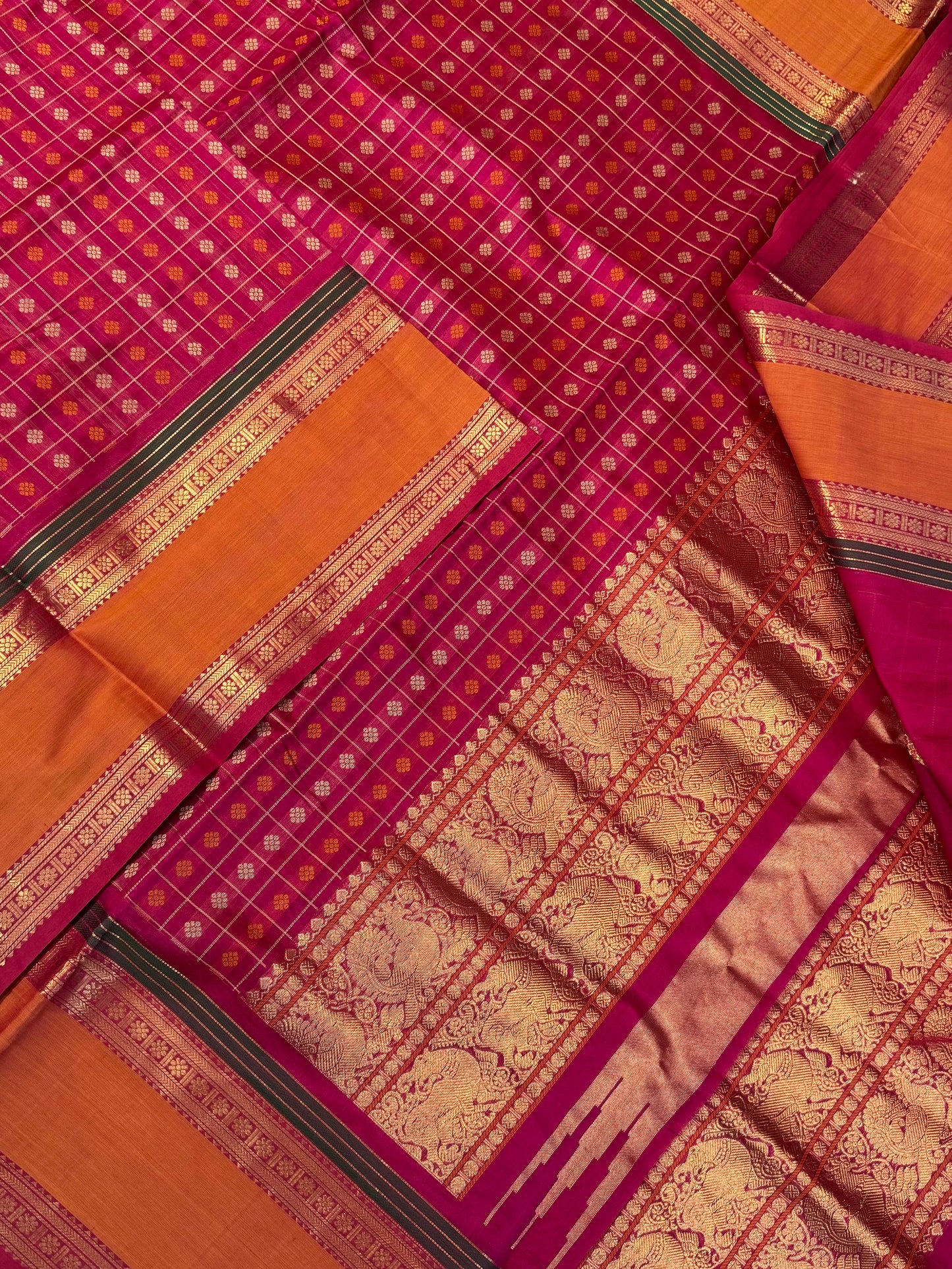 Kanchi Silk Cotton Sarees | 1000 butta  X rich zari pallu X zari border | rose rani pink X orange X green