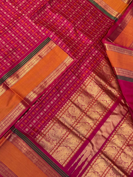 Kanchi Silk Cotton Sarees | 1000 butta  X rich zari pallu X zari border | rose rani pink X orange X green