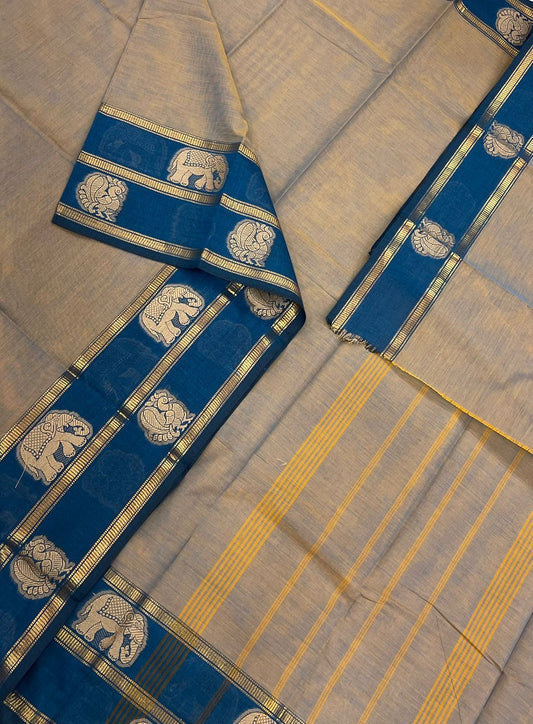 Pastel kanchi soft cotton | jewel tone X blue X zari Yaanai mayil border