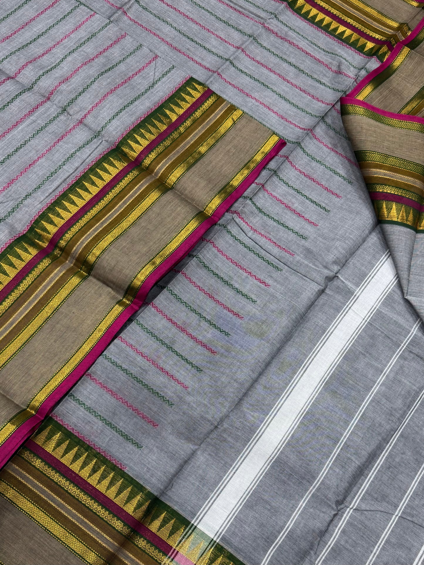 Kanchi soft cotton | grey X green X pink  | veldhari X zari border