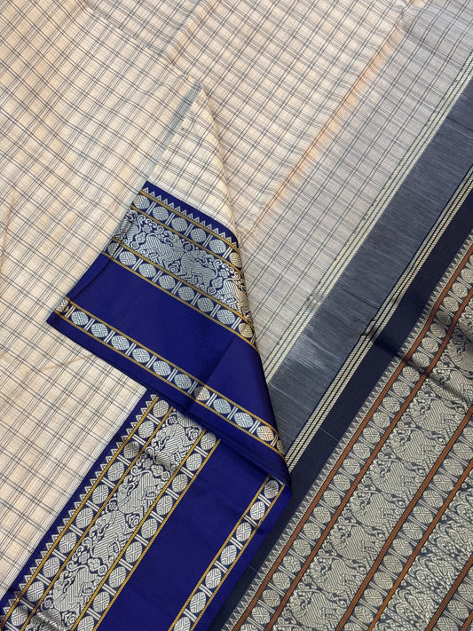 Pure Handloom Kanchi rich Cotton Saree | cotton body x silk border & Pallu | cream kattam x blue | NKV12