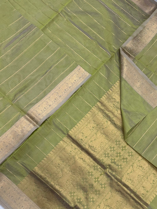 Kanchi Silk Cotton Sarees | luxury silk cotton | veldhari x Zari elephant small border| pastel green X gold