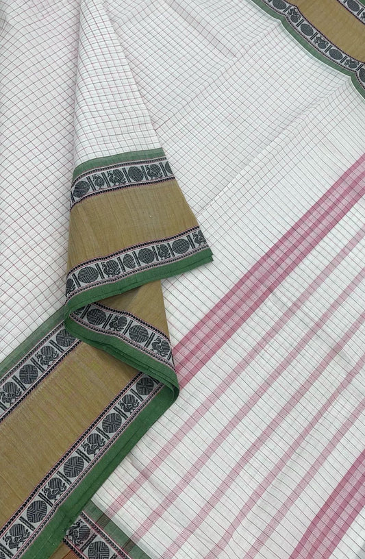 Kanchi soft cotton | kattam X thread border | white x earth green x mustard |NKV055
