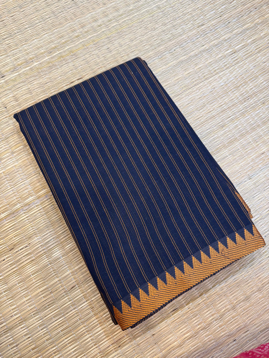 Kanchi soft cotton | navy blue x mustard | vertical lines x tiny thread  border