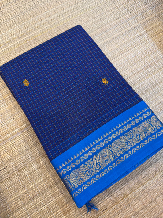 Kanchi soft cotton | blue x sky blue | kattam x tiny Zari border