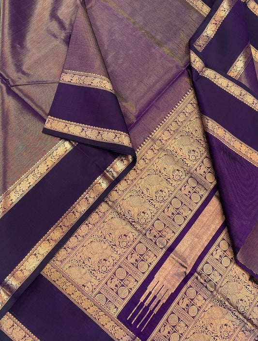 Kanchi Tissue Silk Cotton Sarees | violet X GOLD |  rettaipet Zari border  x gold VAIRAOOSI | NKV100
