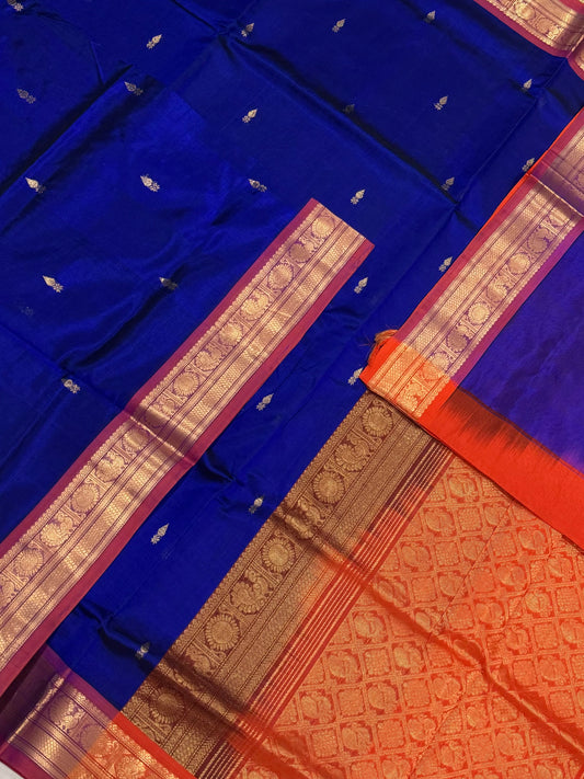 Kanchi Silk Cotton Sarees | tiny motif X small Zari border | MS Blue x orange zari border | NKV20