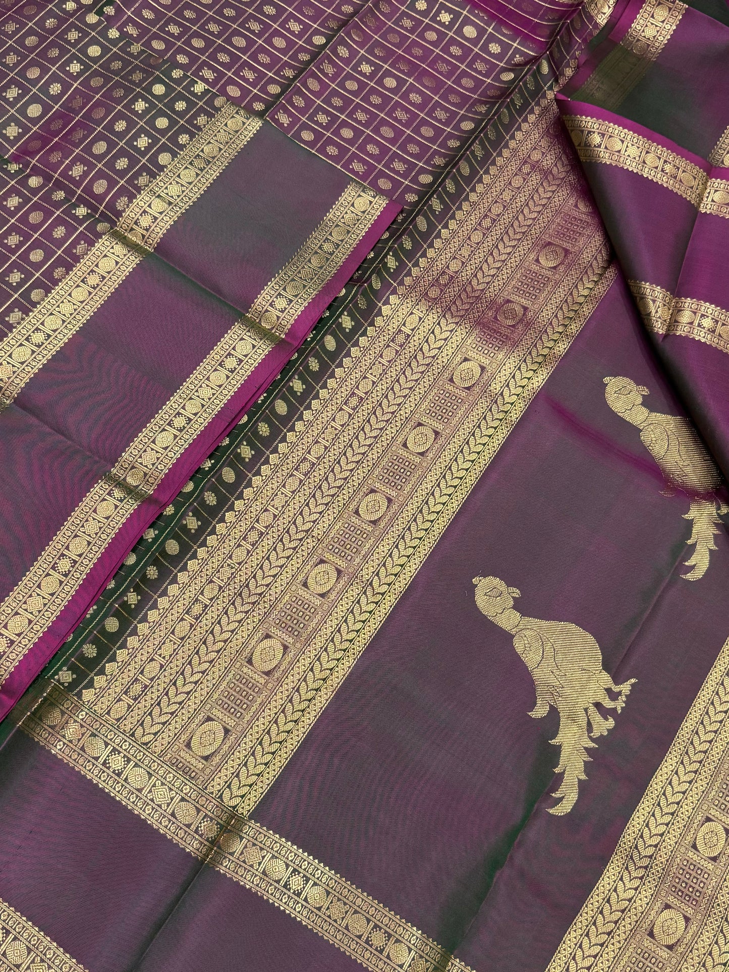 Pure Kanjivarams | twotone pinkish green X gold | 1000 BUTTA X killi pallu
