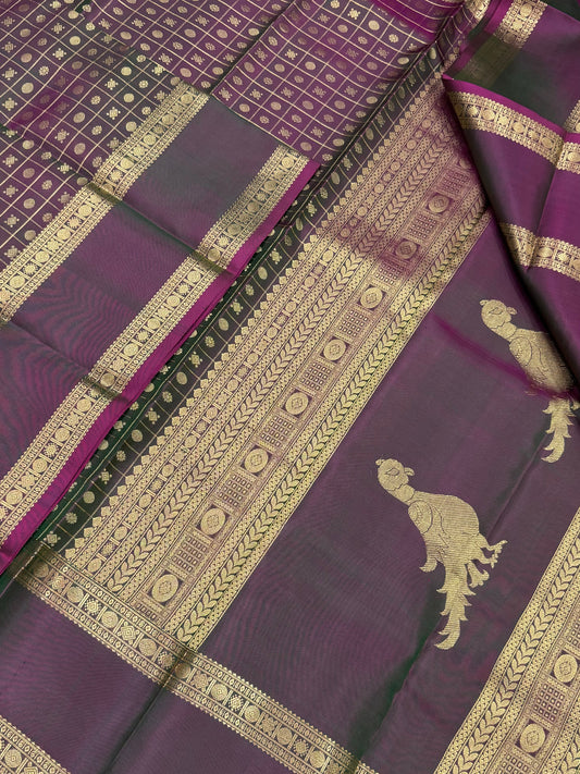 Pure Kanjivarams | twotone pinkish green X gold | 1000 BUTTA X killi pallu
