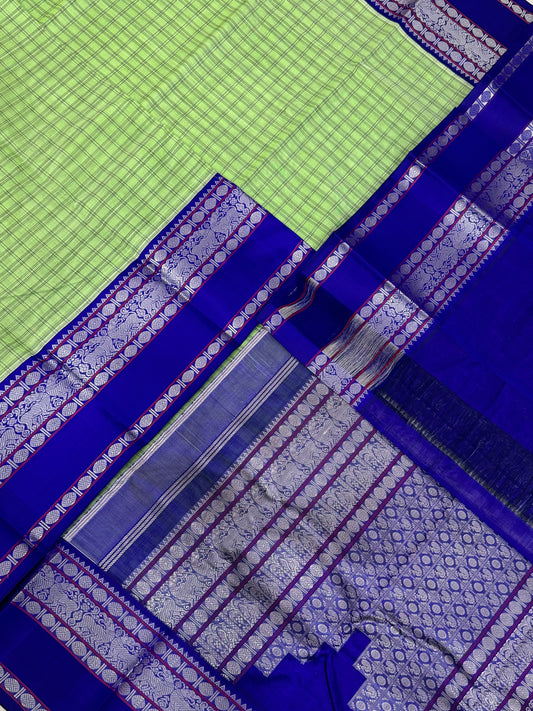Pure Handloom Kanchi rich Cotton Saree | cotton body X silk border | green x blue | silk woven border | NKV12