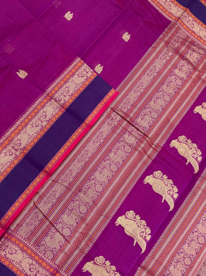 Pure Handloom Kanchi rich Cotton Saree | thread border X  parrot border| magenta X violet | intricate thread parrot woven Pallu