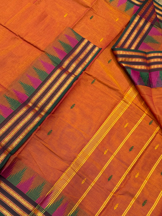 Kanchi soft cotton | orange X Zari pink X green |temple border