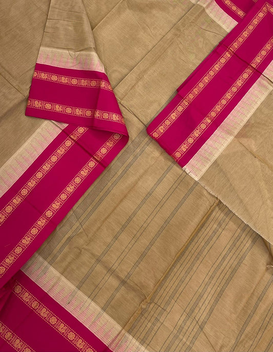 Korvai Kanchi cotton | korvai temple border | pastel brown X pink
