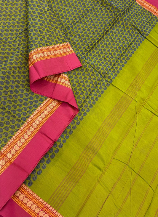 Kanchi soft cotton | green x pink | thread mango motifs