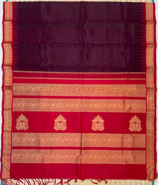 Traditional Kanchipuram Silk Sarees  |  marron x red X gold | tiny zari korvai border x border thalampoo motif | Handwoven luxury x 4 ply master weave