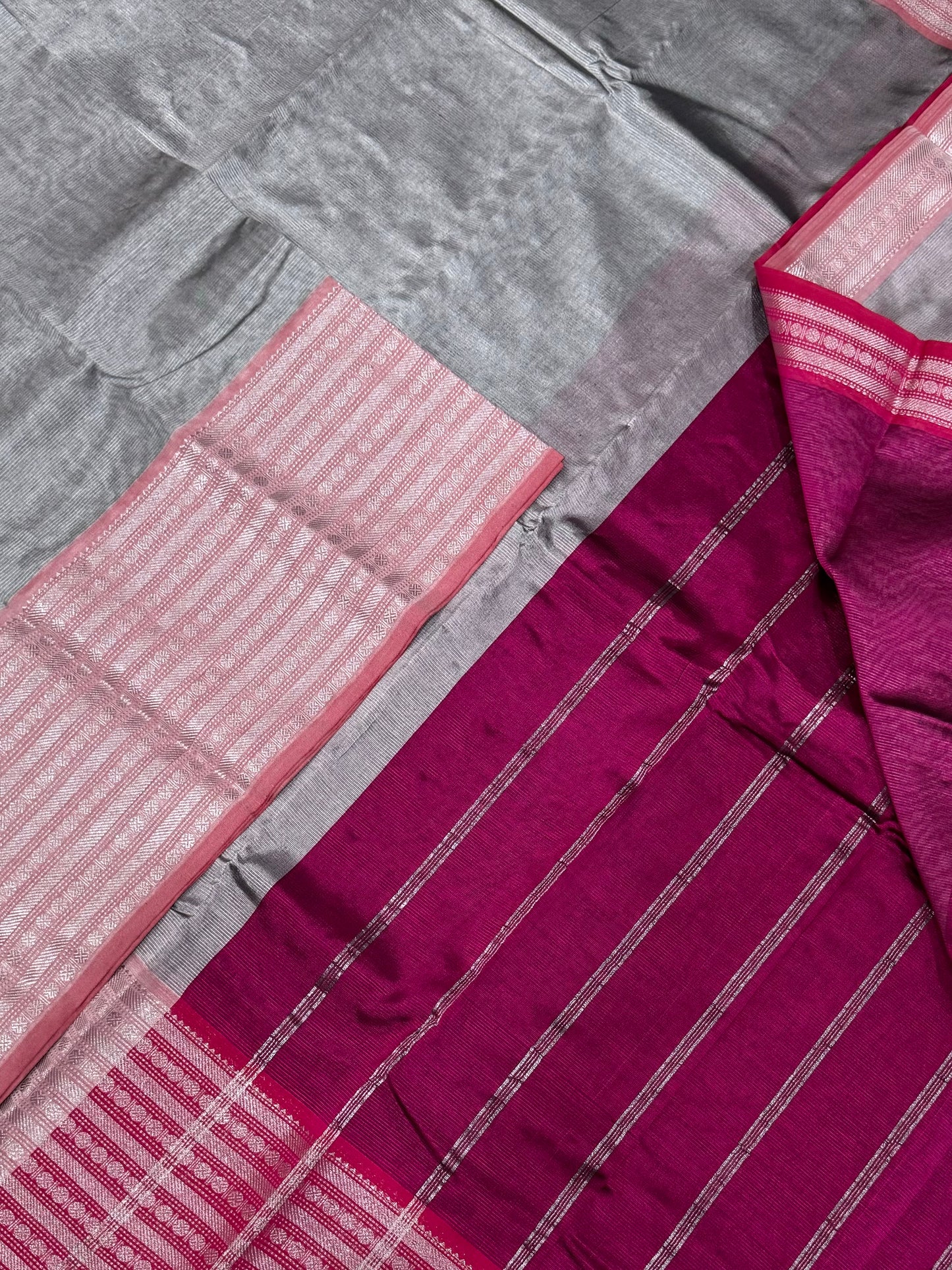 Mangalagiri silk cotton | grey silver X pink | Zari border | Lightweight | soft silk cotton | NKV29