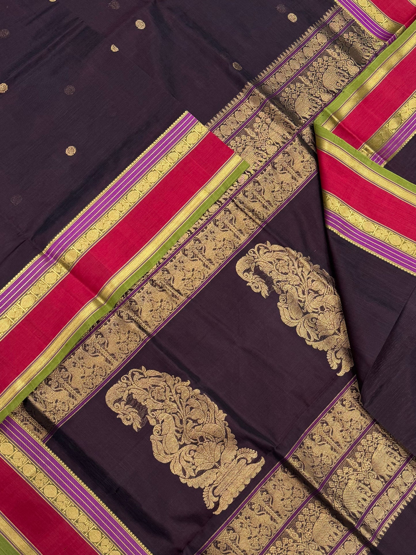 Kanchi Silk Cotton Sarees | kamalam BUTTA x mayil manga pallu |  coffee brown X red | NKV31