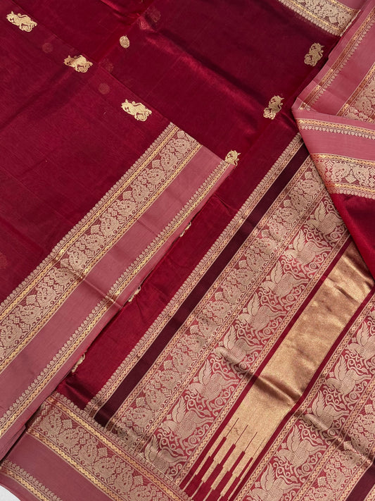 Kanchi Silk Cotton Sarees | luxury silk cotton | thread woven pallu X minimal zari motif | marron X cherry