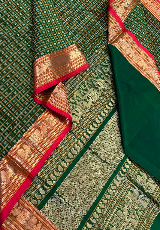 Kanchi Silk Cotton Sarees | 1000 star butta  X rich zari pallu X zari small border | bottle green X red