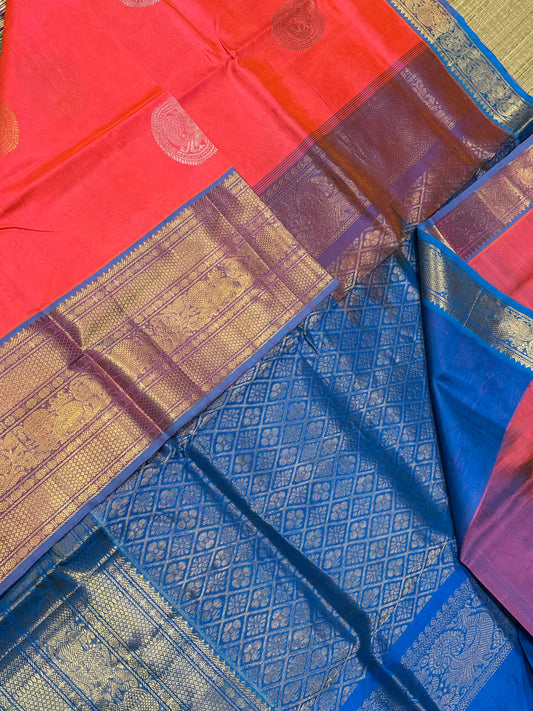 Kanchi Silk Cotton Sarees | silk cotton | peach orange X blue border | one side long Zari border