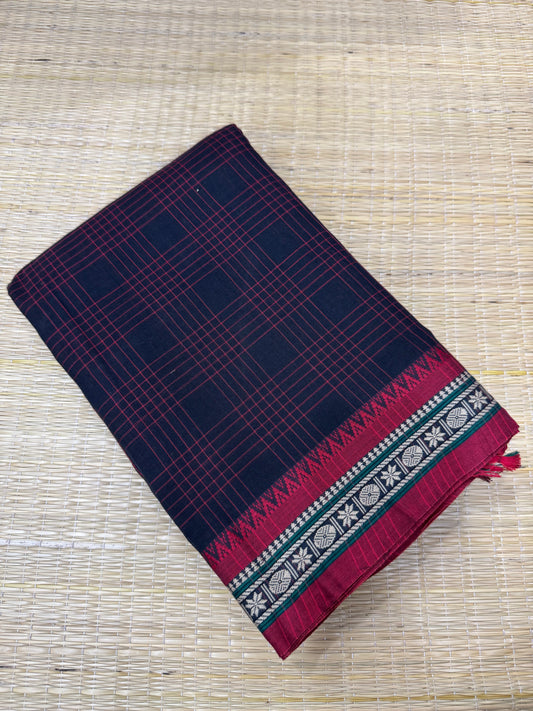 Narayanpet soft cottons |2x2 kattam x tiny thread border | black X red