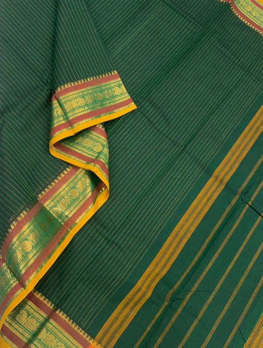 Kanchi soft cotton | green X red x mustard |vertical thread lines x zari  border