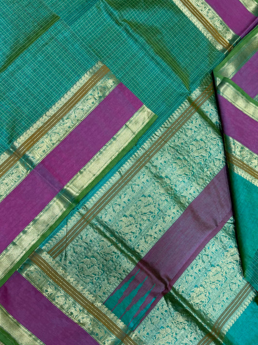 kanchi silk cotton | 1000 BUTTA X rettaipet border | twotone teal light green x pink