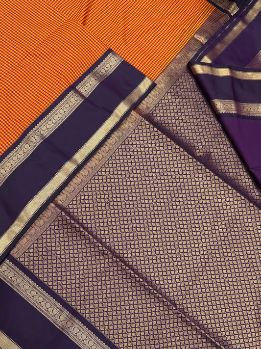 Vegan Silk Sarees Online | KASA KASA kattam X rettaipet border| orange X manjal X jamun