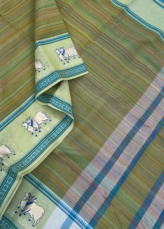 Kadhi soft Cotton | multicolor x green | pichwai embroidery thread border